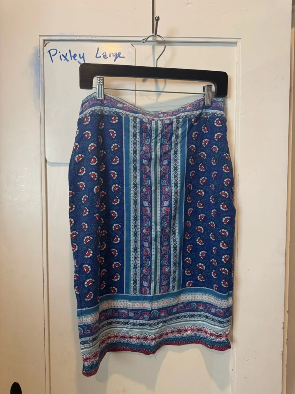 Pixley Blue Patterned Pencil Skirt with Pink Accents